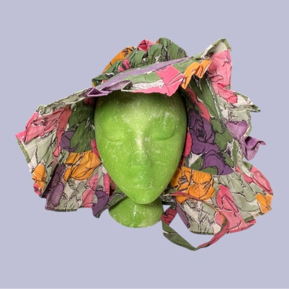 Vintage Ruffled Floral Bonnet – Multicolor Cotton Sun Hat